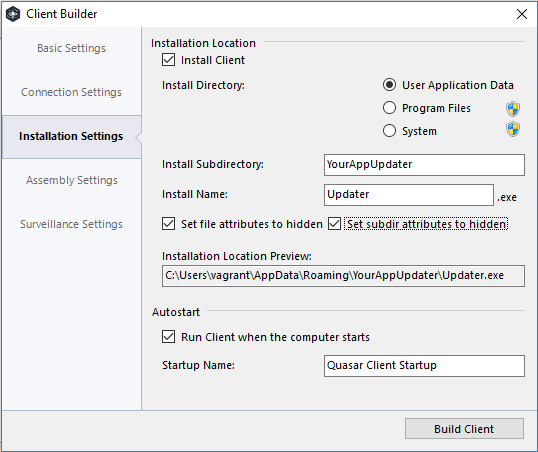 quasar-builder-installation-settings